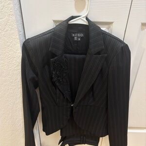 XOXO Black Pinstripe Cropped Blazer with Floral Embroidery